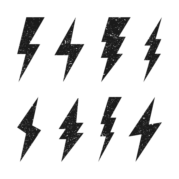 Lightning bolt icons with grunge texture isolated on white background vintage flash symbol