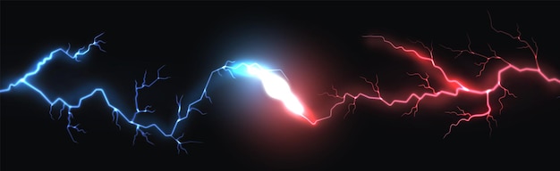 Lightning collision of blue and red thunderbolts flash and explosion in dark horizontal energy flows opposition of forces blue and red glowing sparkling bolts vector illustration