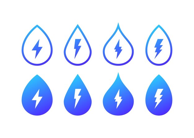 Lightning in a drop of water icons Flat blue lightning in a glass of water lightning icons Vector icons