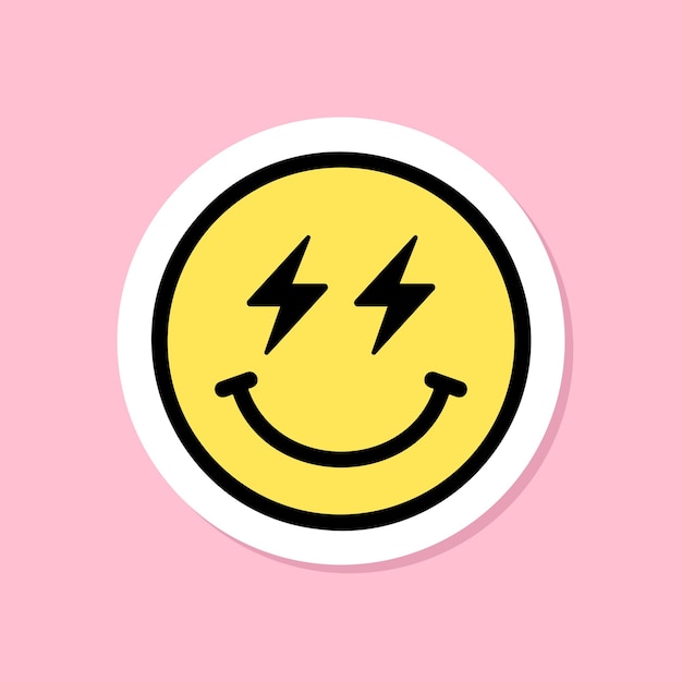 Lightning eyes emoji sticker yellow face with lightning bolt eyes black outline cute sticker on pink background groovy aesthetic vector design element