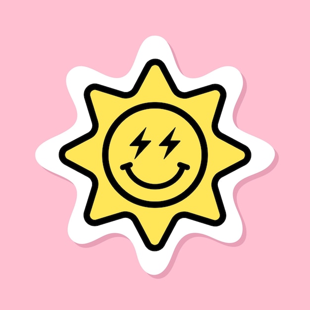 Lightning eyes sun sticker sun face with lightning bolt eyes black outline cute sticker on pink background groovy aesthetic vector design element