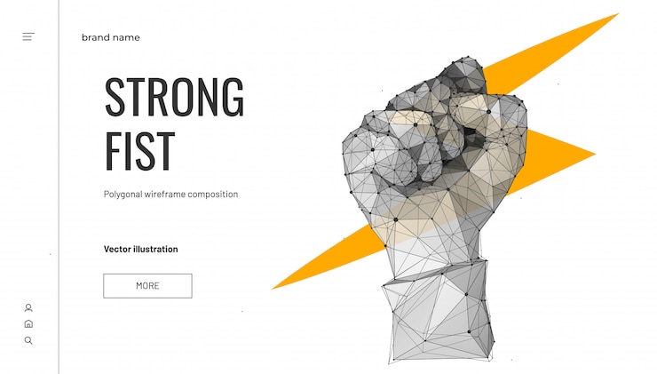 Vector lightning in fist. low poly wireframe style. business concept of force or power. polygonal geometric fist.