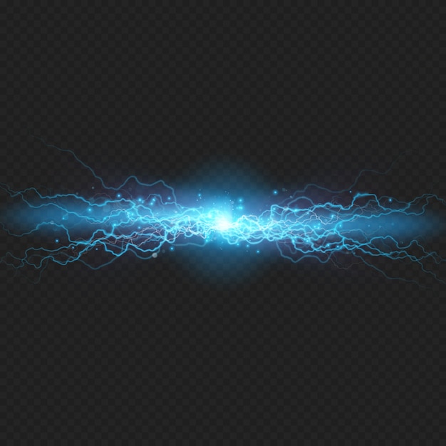 Lightning flash discharge of electricity on transparent background. Blue electrical visual effect. 