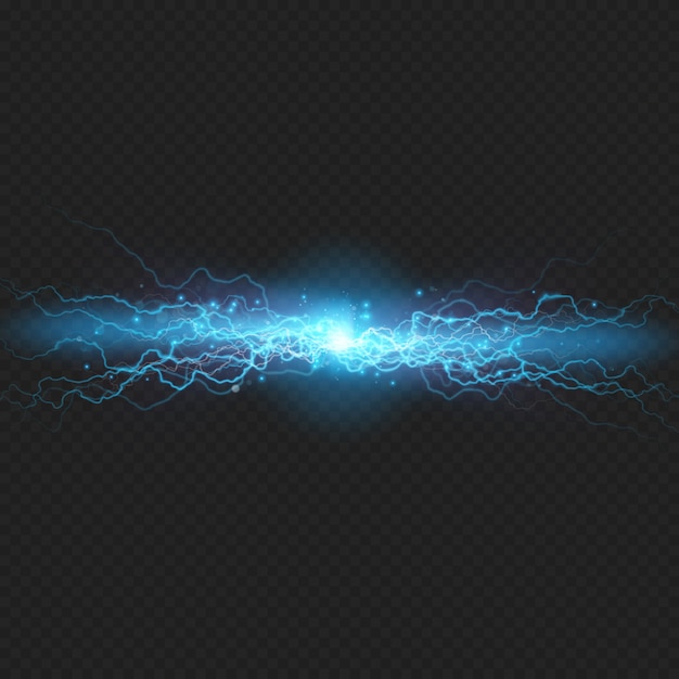 Vector lightning flash discharge of electricity on transparent background. blue electrical visual effect.