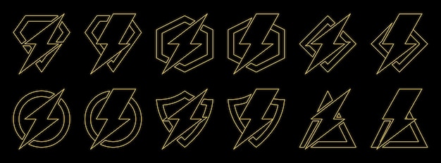 lightning flash line art icon collection vector isolated on black background