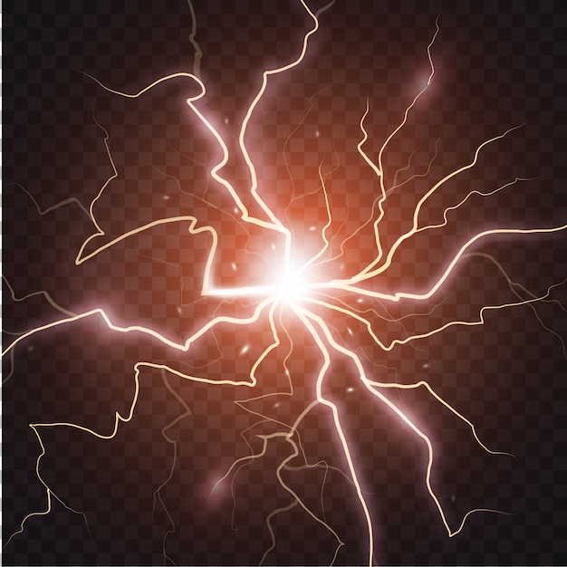 Lightning flash and spark. Lightning strikes and sparks, electrical energy on dark transparent background.