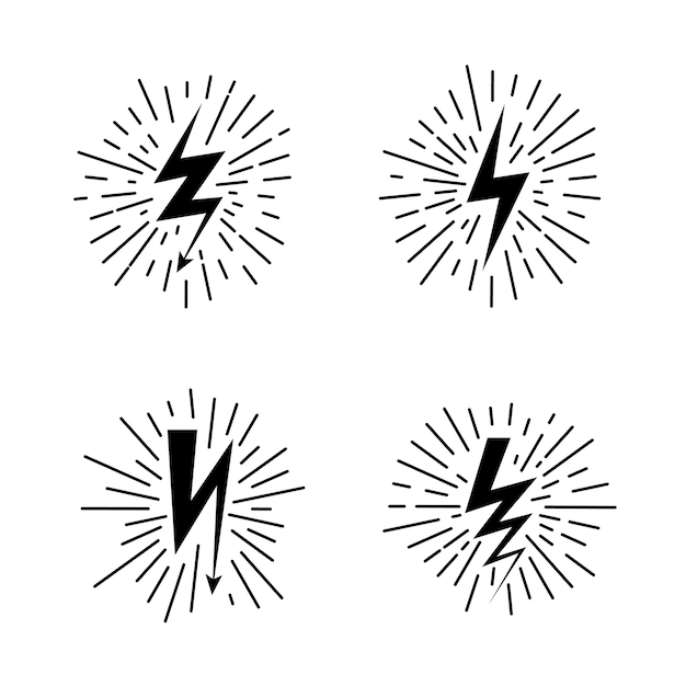 Vettore icone fulminee fulmine tuono luce flash sagome nere a zigzag con frecce emblemi di ricarica isolati illuminazione del cielo temporalesco segni di attenzione elettricità set di simboli meteorologici vettoriali