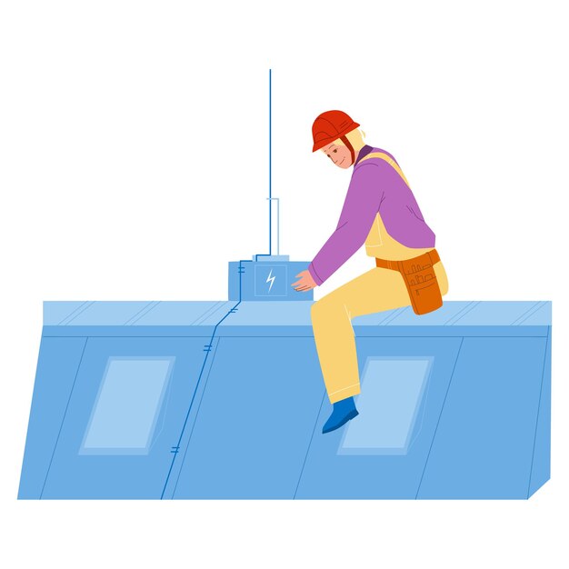 Lightning protection system installing man vector. lightning protection equipment install technician and electrical worker on roof. character guy electrician flat cartoon illustration