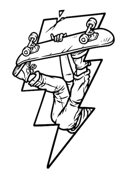 lightning shape with people skateboard line illustration