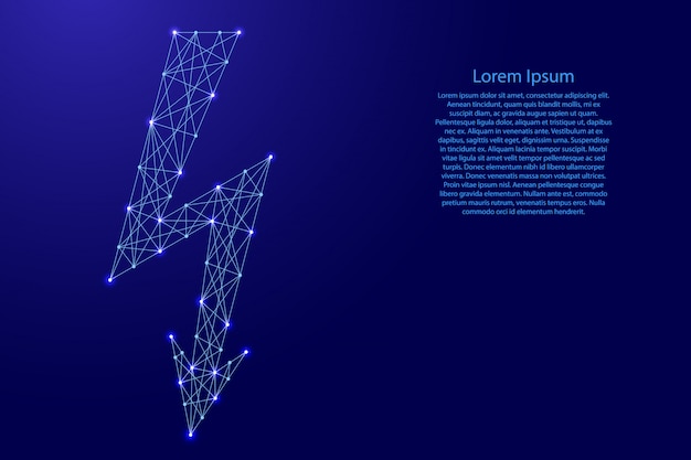 Знак молнии, символ электрического напряжения от футуристических полигональных синих линий и светящихся звезд для баннера, плакат, открытка.