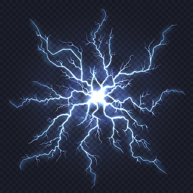 Vector lightning thunder. flash electricity, spark strike, blue light blitz electric flare, natural energy flash lightning