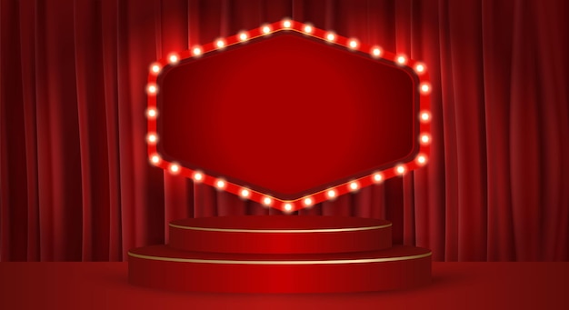 프레임 주위의 조명과 빨간 커튼 배경 빨간 배경에 놓인 빨간 연단