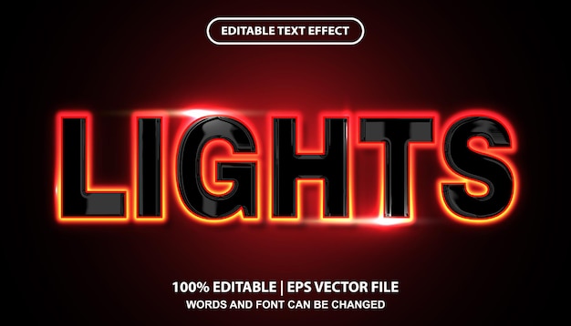 Lights editable text effect template, neon light and black glossy effect font style