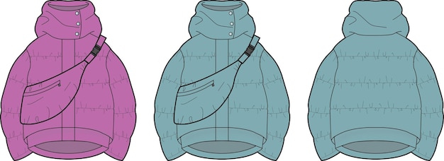 Vector lightweight puffar jacket front and back flat sketch technical drawing vector illustration template