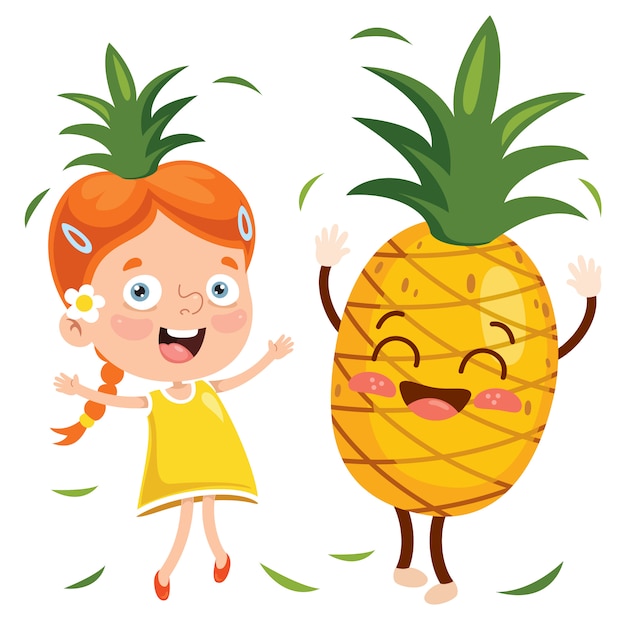 Вектор liitle child and cartoon fruit