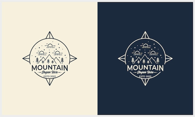 Lijn art badge berg en landschap illustratie met kompas logo concept sjabloon