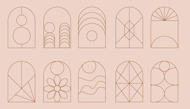 Lijn boog frame set Boheemse lineaire vormen met geometrische elementen Sterren en zon in embleem of label gouden logo sjabloon Boho architectuurobjecten voor trouwkaarten en posters ontwerp Vector