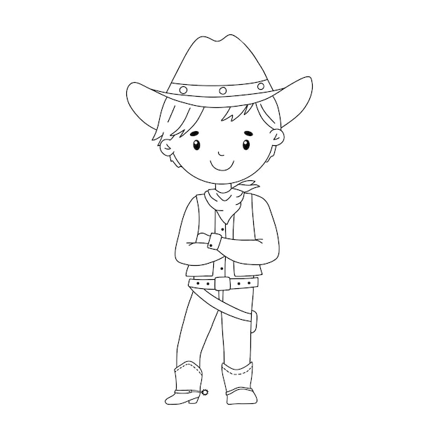 Lijn cowboy jongen in kostuum Leuke kinderachtige schets illustratie geïsoleerd op een witte achtergrond om in te kleuren page