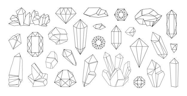 Vector lijn diamanten juwelen omtrek kristal edelsteen kwarts edelstenen zwarte contour edelsteen vormen robijnen en saffieren geïsoleerde gefacetteerde schat briljanten natuurlijke mineralen vector doodle rotsen set