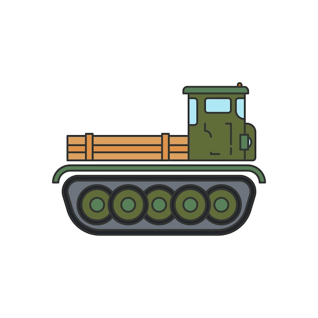 Lijn egale kleur vector illustratie pictogram infanterie aanval leger artillerie trekker militair voertuig eenvoudige retro stijl soldaten uitrusting gepantserde corps wapen trekker rups eenheid slepen oorlog