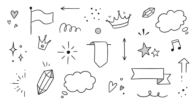 Lijn frame sparkle lint hand getrokken doodle element set Feestdecoratie ster hart element doodle schets collectie geïsoleerd