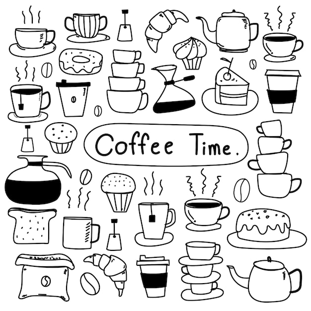 Vector lijn hand getrokken doodle vector set van koffie