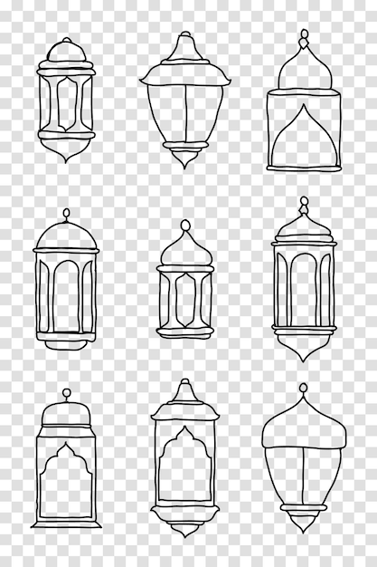 Lijn Islamitische Arabische Lantaarn Symbool Icon Collection Set Handgetekende set lantaarns Vectorillustratie in doodle stijl