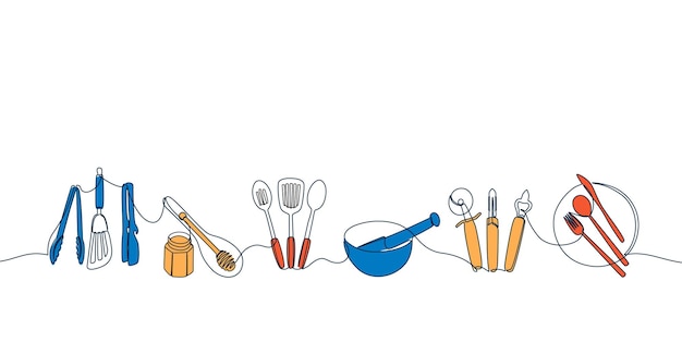 Lijn koken bestek Hand getekende plaat mes schotel en kom grafische elementen doorlopende lijn doodle kookgerei Vector gekleurde lijn set bestek ontwerp cook