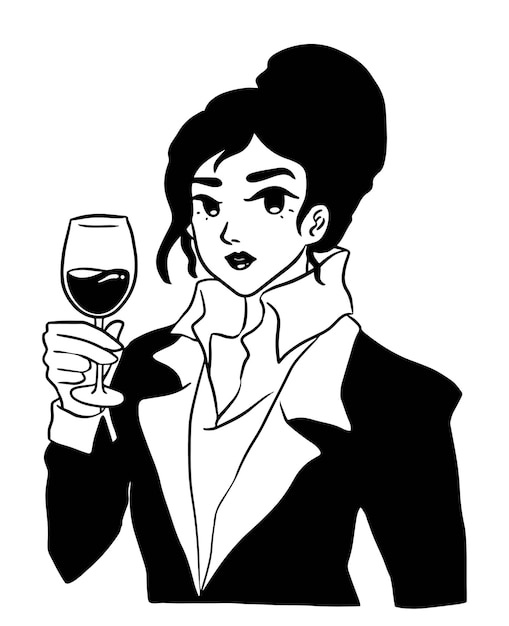 Lijn kunst stijlvolle elegante mooie vrouw drink wijn in pak