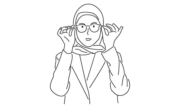 lijn kunst van hijab vrouw met een bril vector illustratie