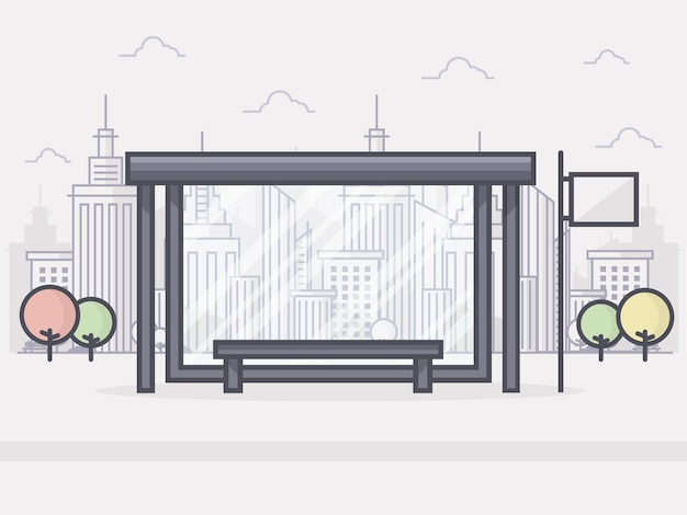 Vector lijn kunst vectorillustratie van bushalte met skyline van de stad op de achtergrond platte ontwerpstijl