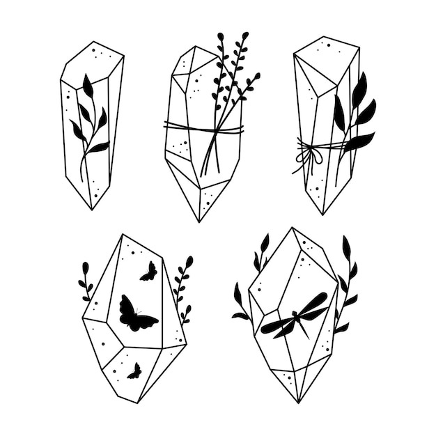 Lijn mystiek kristal met natuurlijk decor Drukt edelsteen met botanische bloemen en insecten Boho lineaire vector