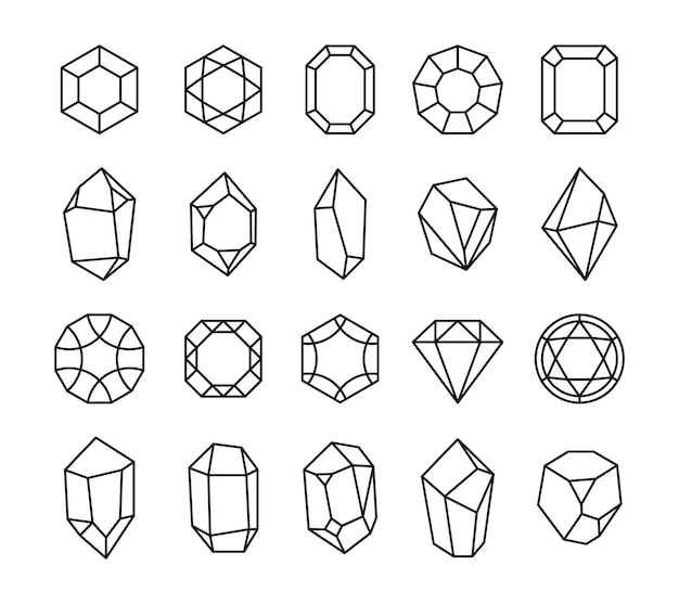 Lijn natuurlijk kristal Geode omtrek schets minerale kwarts lijntekeningen voor logo sieraden ontwerp magische hekserij symbolen Vector zwarte set