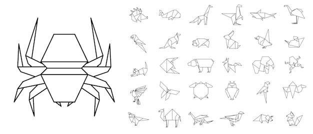 Lijn origami dieren Abstracte veelhoek dieren Gevouwen papier vormen Vector dierlijke pictogrammen instellen Origami Een set van origami vectorillustratie