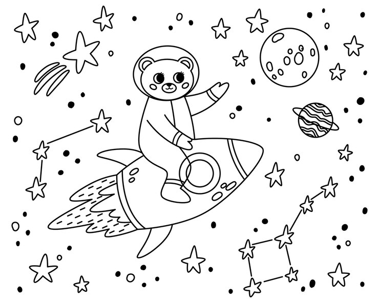 Lijnbeer in de open ruimte Outline schattig dier astronaut in ruimtepakken vliegend op een raket