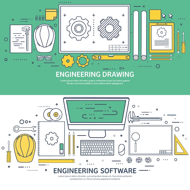 Lijnd schets vector illustratie engineering en architectuur notebook software tekening