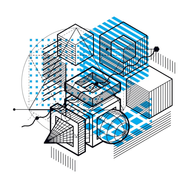 Lijnen en vormen abstract vector isometrische 3D-achtergrond. Lay-out van kubussen, zeshoeken, vierkanten, rechthoeken en verschillende abstracte elementen.