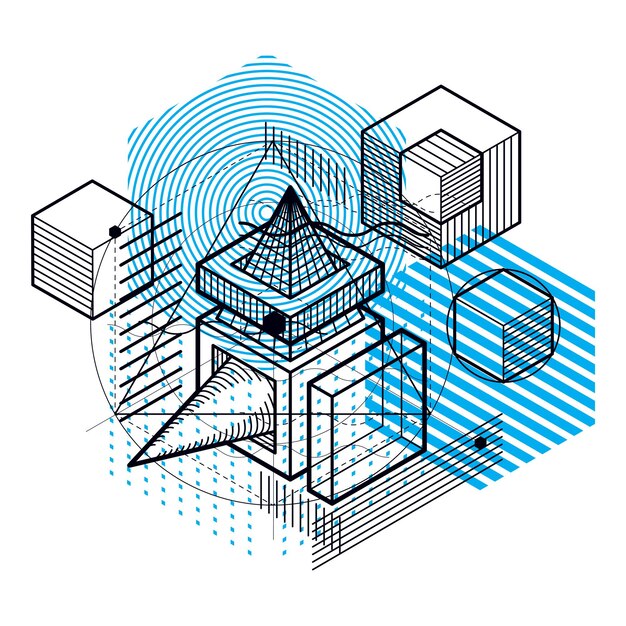 Lijnen en vormen abstract vector isometrische 3D-achtergrond. Lay-out van kubussen, zeshoeken, vierkanten, rechthoeken en verschillende abstracte elementen.