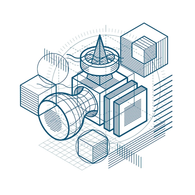 Lijnen en vormen abstract vector isometrische 3D-achtergrond. Lay-out van kubussen, zeshoeken, vierkanten, rechthoeken en verschillende abstracte elementen.