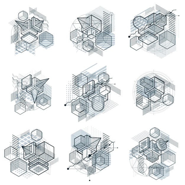 Lijnen en vormen abstract vector isometrische 3D-achtergronden. Lay-outs van kubussen, zeshoeken, vierkanten, rechthoeken en verschillende abstracte elementen. Vectorcollectie.