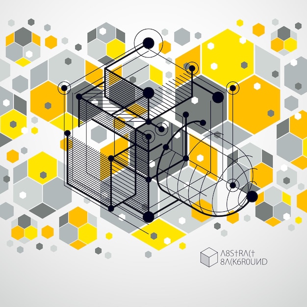 Lijnen en vormen abstract vector isometrische 3D gele achtergrond. Abstracte regeling van motor of engineering mechanisme. Lay-out van kubussen, zeshoeken, vierkanten, rechthoeken en verschillende abstracte elementen.