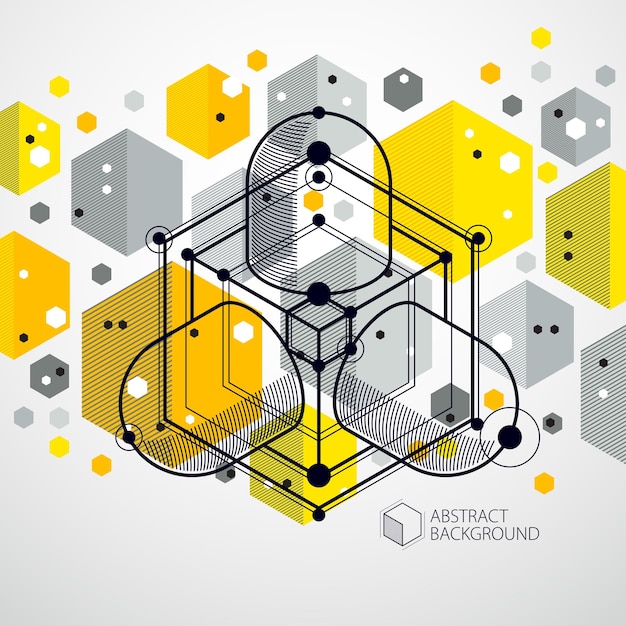 Lijnen en vormen abstract vector isometrische 3d gele achtergrond. abstracte regeling van motor of engineering mechanisme. lay-out van kubussen, zeshoeken, vierkanten, rechthoeken en verschillende abstracte elementen.