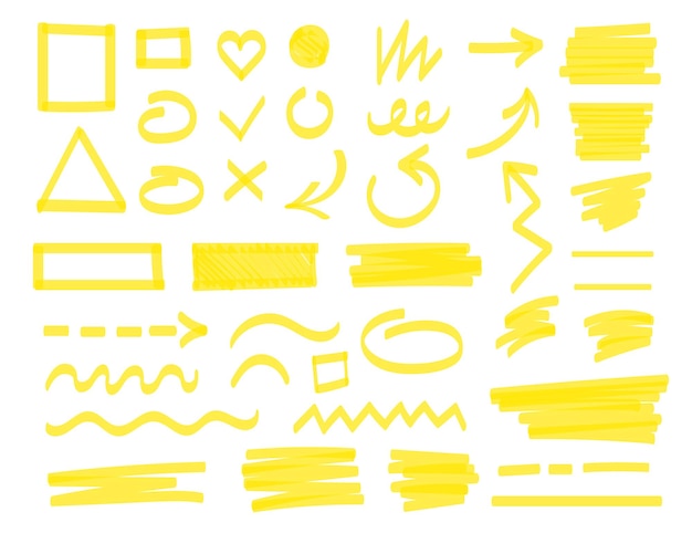 Vector lijnen getekend door gele markeringsset. vectorillustraties van onderstrepen streken, pijlrichting, kruis, vinkje tekenen met permanent hoogtepunt marker geïsoleerd op wit. schets doodle concept