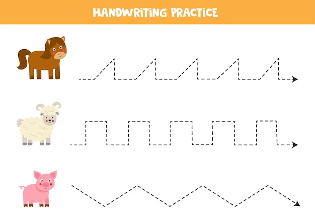 Lijnen voor kinderen traceren met schattig paard Handschriftoefening voor kinderen