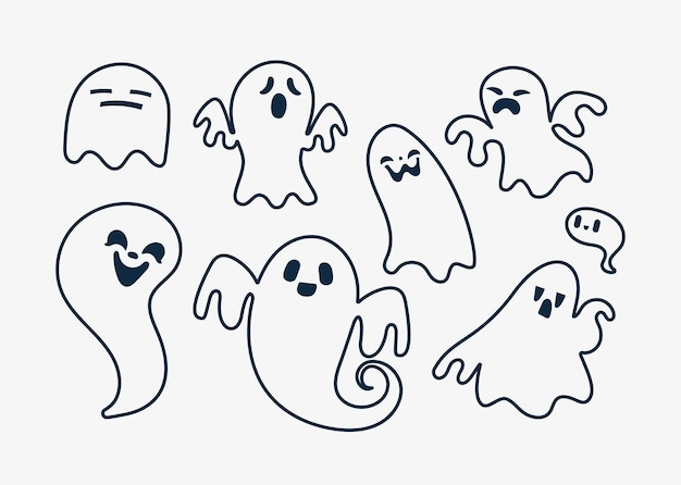 Lijnkunst illustratie van acht schattige geesten met verschillende uitdrukkingen die ronddrijven voor Halloween