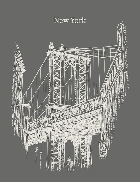 Lijnkunst van de iconische Manhattan Bridge met zijn stalen structuur en stedelijke omgeving