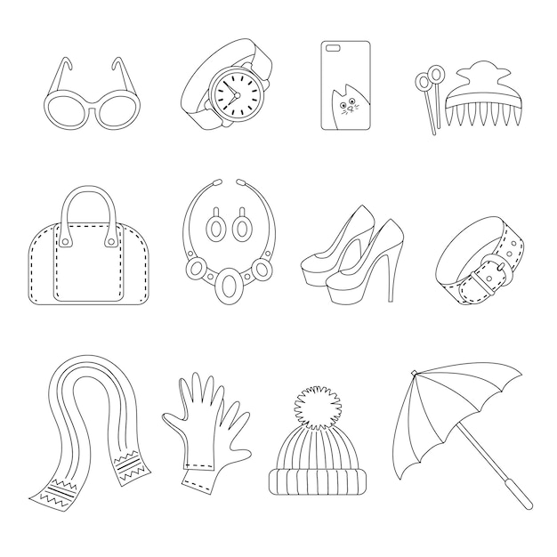 Vector lijnpictogrammen set van vrouwelijke accessoires