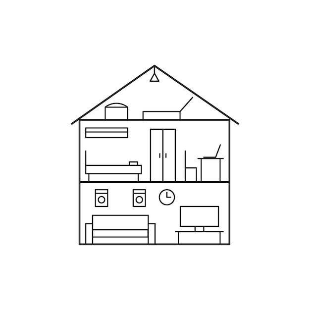 Vector lijnplan huis binnen sectie interieur gebouw huis in uitsnede woonkamers slaapkamer met meubels