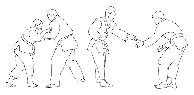 Lijnschets van sportieve judoka vechter judoist judoka atleet duel gevecht judo geïsoleerde vector