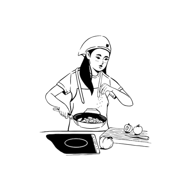 Vector lijntekening meisje koken eten. jonge vrouw die schort draagt die zich op binnenlandse keukentafel bevindt